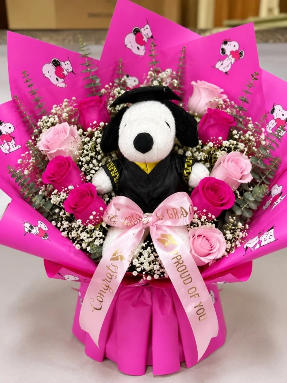 Graduation Bouquet Gift Set Plush Dog 5 Sheets + 2 Yards Ribbon